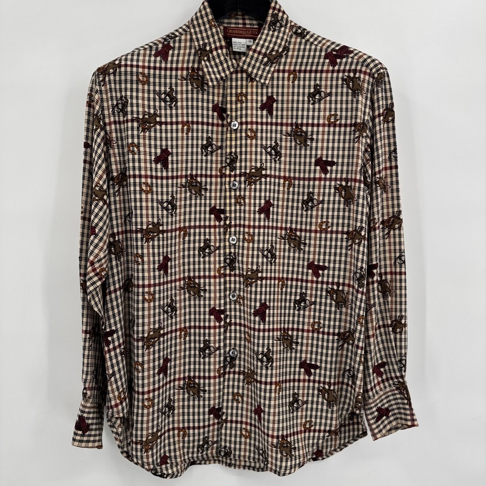 Graham & Gunn VTG Silk Women's Blouse Equestrian Horse Themed L/S Button Up